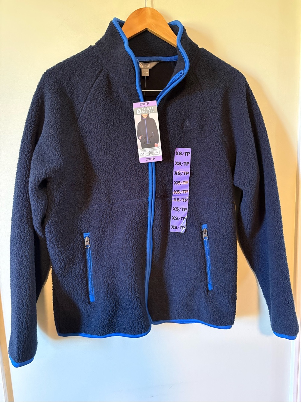 Womens Navy Sherpa Fleece Jacket with Bright Blue Trim - XS